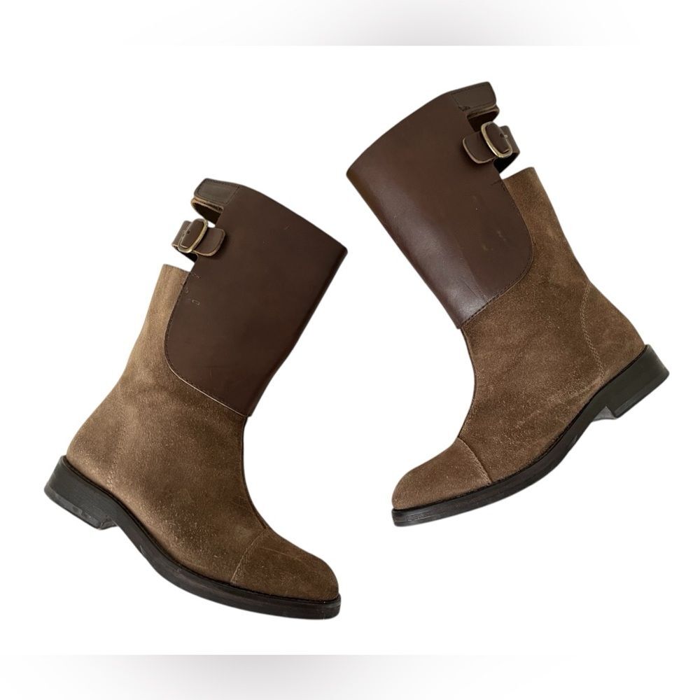 Pedro Garcia Leather Suede Pull Buckle Open Back Riding Boots Tan Brown EU38